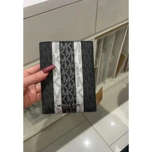 Michael Kors Jet Set Logo Stripe Passport Wallet Black Multi